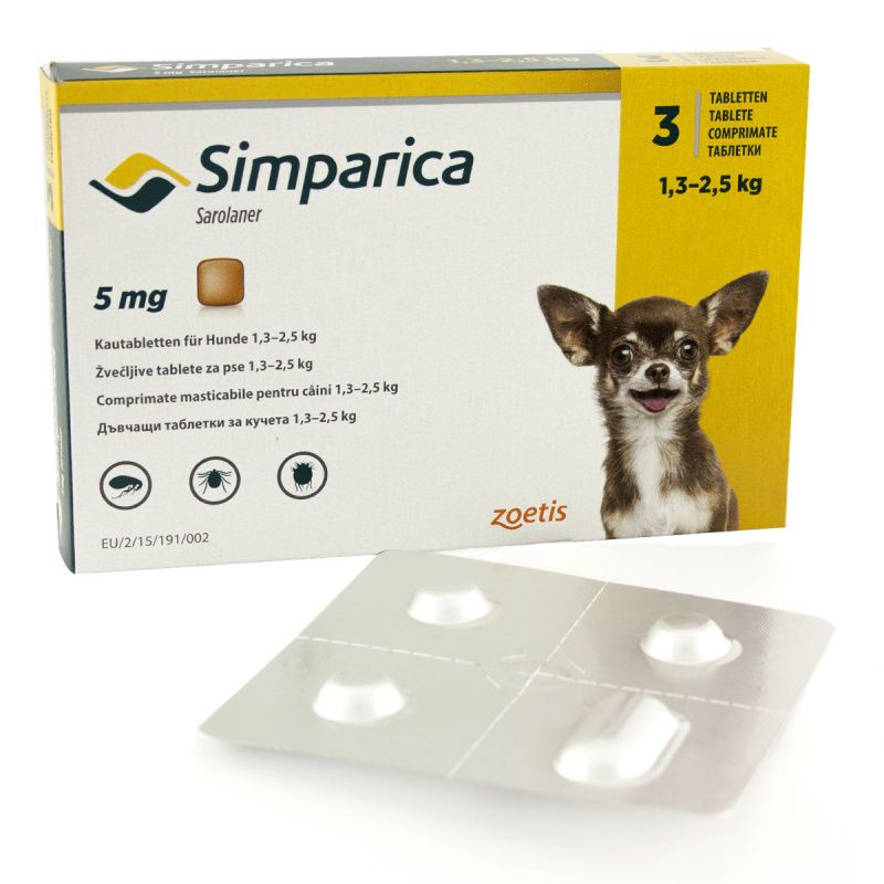Таблетки Simparica від блох і кліщів для собак вагою 1.3-2.5кг, 1шт