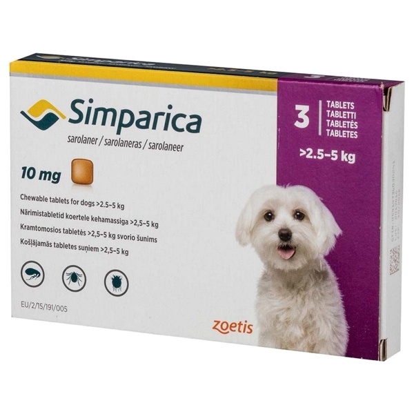 Таблетки Simparica від блох і кліщів для собак вагою 2.5-5кг, 1шт