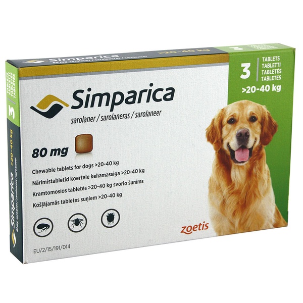 Таблетки Simparica від блох і кліщів для собак вагою 20-40кг, 1шт