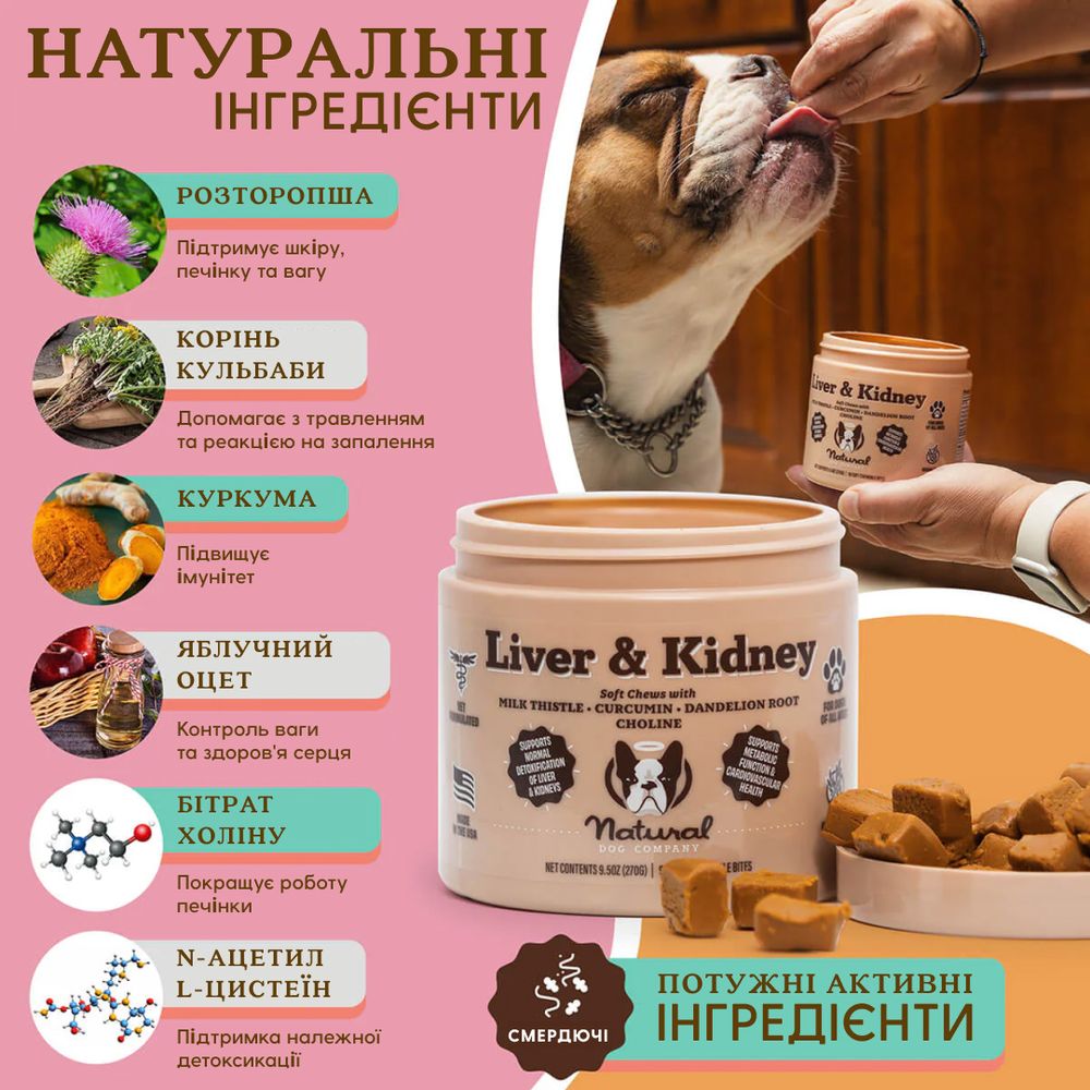 Вітамінний комплекс для печінки та нирок Liver & Kidney Supplement Natural Dog Company, 90шт в банці